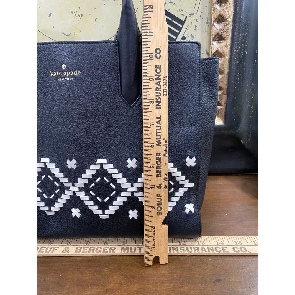 Kate Spade Flynn Street Bag Black Designer Satchel Structured Woven Aztec Detail